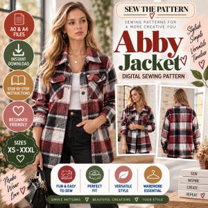 May include: A digital sewing pattern for the Abby Jacket, featuring a red, black, and white plaid shirt jacket. The image includes text labels for A0 and A4 files, instant download, step-by-step instructions, beginner friendly, and sizes XS-XXXL.