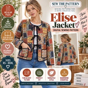 Puede incluir: Un patrón de costura digital para la chaqueta Elise, con un diseño de patchwork con estampados florales y geométricos en rojo, azul y amarillo. La chaqueta tiene mangas largas, dos bolsillos delanteros y tres lazos negros de cierre.