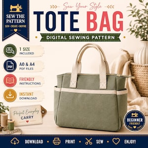 Tote Bag Sewing Pattern | PDF Bag Pattern Beginner | Utility Tote Pattern | Zipper Tote Pattern | Digital Sewing Pattern | DIY Purse Pattern