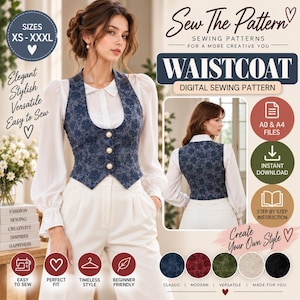 Puede incluir: Un patrón de costura digital para un chaleco, con un diseño floral azul y tres botones. La imagen muestra las vistas frontal y posterior de la prenda, junto con el texto Sew The Pattern, Waistcoat y A0 & A4 Files.