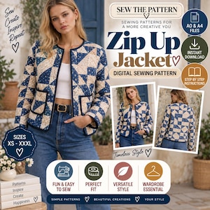 Puede incluir: Un patrón de costura digital para una chaqueta con cremallera con un diseño de patchwork acolchado en azul y crema. La chaqueta tiene cuello redondo, mangas largas y dos bolsillos delanteros. El patrón incluye tallas de XS a XXXL, archivos A0 y A4, e instrucciones paso a paso para descarga instantánea.