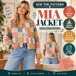 May include: A digital sewing pattern for the Mia Jacket, featuring a patchwork floral design in shades of pink, yellow, and blue. The image displays the jacket from front and back views, with text indicating A0 and A4 files, instant download, step-by-step instructions, and sizes XS to XXXL.