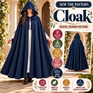 May include: A floor-length navy blue hooded cloak with a front tie closure. The digital sewing pattern includes A0 and A4 files, step-by-step instructions, and covers sizes XS to XXL. The text reads SEW THE PATTERN Cloak DIGITAL SEWING PATTERN.