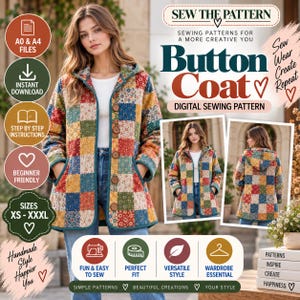 May include: A digital sewing pattern for a button coat featuring a patchwork design with floral squares in red, blue, yellow, and green. The pattern includes A0 and A4 files, step-by-step instructions, and sizing from XS to XXXL for a hooded jacket.