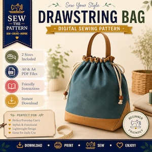 Può includere: Una borsa con coulisse color verde acqua e marrone chiaro, dotata di manico superiore e cordini color crema con perline di legno. L'immagine include il testo: Sew Your Style Drawstring Bag, Digital Sewing Pattern, 2 Sizes Included, A0 & A4 PDF Files, Friendly Instructions, Instant Download, Beginner Friendly, e un'etichetta con le caratteristiche.