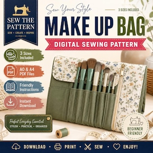 Makeup Bag Sewing Pattern PDF | Brush Roll Organizer Pattern | Cosmetic Bag PDF Sewing Pattern | DIY Zipper Pouch | 3 Sizes S/M/L | Beginner