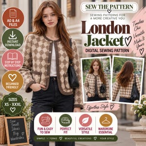 May include: A digital sewing pattern for a London Jacket featuring a beige and brown diamond-patterned fabric. The jacket has a round neckline, long sleeves, and a button-front closure. The pattern includes A0 and A4 files, step-by-step instructions, and sizes XS to XXXL for a versatile wardrobe essential.