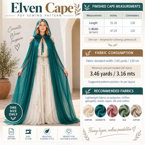 May include: A PDF sewing pattern for an Elven cape featuring a hooded, floor-length design in deep teal. The pattern includes finished measurements of 130 cm in length and 120 cm in width at the hem, requiring a minimum of 3.16 metres of fabric.