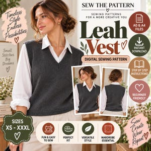 Könnte beinhalten: Ein digitales Schnittmuster für die Leah Vest, bestehend aus einer dunkelgrauen V-Ausschnitt-Weste über einem weißen Hemd. Die Grafik enthält Text wie SEW THE PATTERN, Leah Vest und die Größen XS-XXXL sowie Symbole für A0- und A4-Dateien.