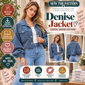 May include: A digital sewing pattern for the Denise Jacket, featuring a cropped blue corduroy jacket with a collar, button-front closure, and long sleeves with cuffs. The image includes text labels for A0 and A4 files, instant download, step-by-step instructions, beginner-friendly, and sizes XS to XXXL.