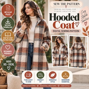 May include: A digital sewing pattern for a hooded coat featuring a brown, cream, and grey plaid pattern. The image displays the coat on a person, showing front and back views, with text overlays including Sew The Pattern, Hooded Coat, and sizes XS-XXXL.