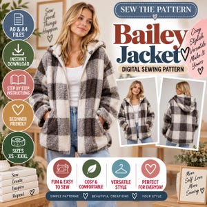 Puede incluir: Un patrón de costura digital para la chaqueta Bailey, que muestra una chaqueta de cuadros negros y blancos, con capucha y textura peluda, con cremallera frontal. La imagen incluye texto como Sew The Pattern, Bailey Jacket y Digital Sewing Pattern.