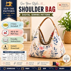 May include: A digital sewing pattern for a shoulder bag featuring a floral print on a cream background with brown straps. The image includes text details like 2 Sizes Included, A0 & A4 PDF Files, and a table showing dimensions in inches and cm.