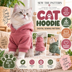 Op de afbeelding: Een digitaal naaipatroon voor een kattenhoodie, met de tekst SEW THE PATTERN, CAT HOODIE en DIGITAL SEWING PATTERN. De afbeelding toont katten in roze en groene hoodies, met iconen voor A0- en A4-bestanden, directe download, stapsgewijze instructies en beginnersvriendelijkheid. Maten XS tot L.