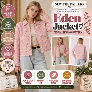 Può includere: Un cartamodello digitale per la giacca Eden, che presenta una giacca in stile tweed rosa con maniche lunghe, colletto e tasche anteriori. L'immagine include testi sovrapposti che descrivono file A0 e A4, download istantaneo, istruzioni passo dopo passo e taglie dalla XS alla XXXL.