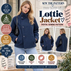 Op de afbeelding: Een digitaal naaipatroon voor de Lottie-jas, met een marineblauwe jas met een hoge kraag en drie knopen. De afbeelding bevat tekstoverlays zoals Sew The Pattern, Lottie Jacket en maatinformatie van XS tot XXXL.