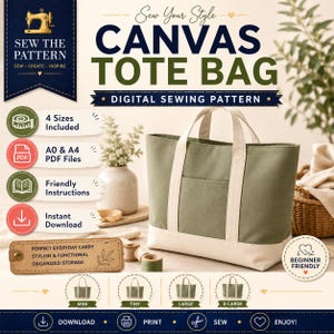 Patron de couture PDF pour sac cabas en toile | Sac fourre-tout multipoches (Téléchargement numérique)
