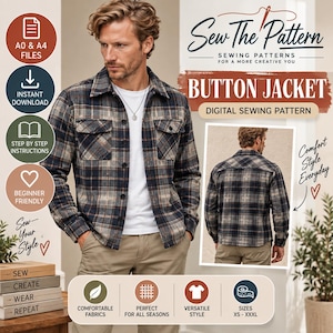 May include: A digital sewing pattern for a button jacket featuring a plaid flannel shirt in navy, tan, and white. The graphic includes text: Sew The Pattern, Button Jacket, Digital Sewing Pattern, A0 & A4 Files, Instant Download, Step By Step Instructions.