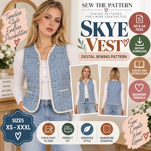 May include: A blue tweed waistcoat with a white trim, gold buttons, and two front pockets. The digital sewing pattern includes A0 and A4 files, step-by-step instructions, and is available in sizes XS to XXXL for a beginner-friendly sewing project.