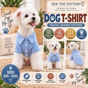 Pode incluir: Um molde de costura digital para uma camiseta de cachorro azul claro com gola e botões frontais. A imagem inclui texto como SEW THE PATTERN, DOG T-SHIRT, DIGITAL SEWING PATTERN e SIZES XXS - XXXL, além de ícones de download e instruções.