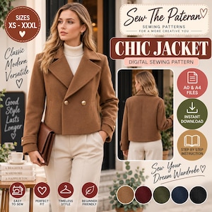 May include: A brown double-breasted jacket with a wide collar, long sleeves, and two gold buttons. The digital sewing pattern includes text: Sew The Pateran, CHIC JACKET, DIGITAL SEWING PATTERN, SIZES XS - XXXL, A0 & A4 FILES, INSTANT DOWNLOAD.