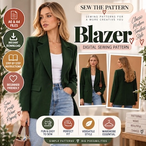 May include: A digital sewing pattern for a dark green blazer. The image displays the blazer on a person, showing front and back views, with text including SEW THE PATTERN, Blazer, DIGITAL SEWING PATTERN, A0 & A4 FILES, and INSTANT DOWNLOAD.