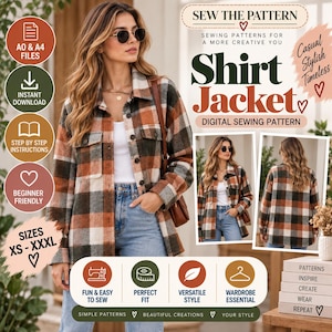 Op de afbeelding: Een digitaal naaipatroon voor een overhemdjas met een ruitpatroon in tinten oranje, bruin en wit. Het ontwerp bevat een kraag, knoopsluiting aan de voorzijde en twee borstzakken. Tekst bevat SEW THE PATTERN en SHIRT JACKET.