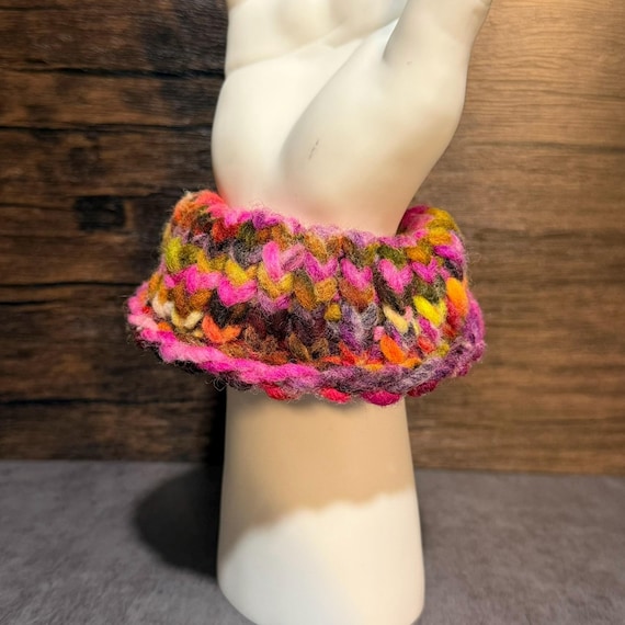 Neon Clown Redux Wool Scrunchie, Colorful Hand Knitted Hair Tie, Bold Hair Accessory