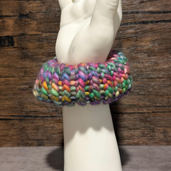 Crazy Quilt Wool Scrunchie Colorful Handmade Hair Accessory Retro Vintage Rainbow Gift
