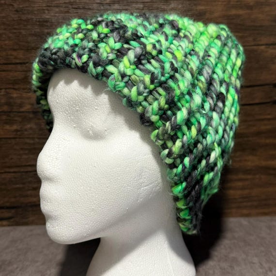 Electric Meadow Kids Hat | Handmade Superwash Merino Wool Hat | Green & Gray Kids Beanie | Hand Knit Loom Hat | One of a Kind
