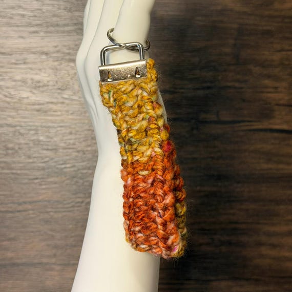 Sunset Tide Handmade Knitted Key Fob Wristlet Cozy Orange Gold Blue Accessory Gift Everyday