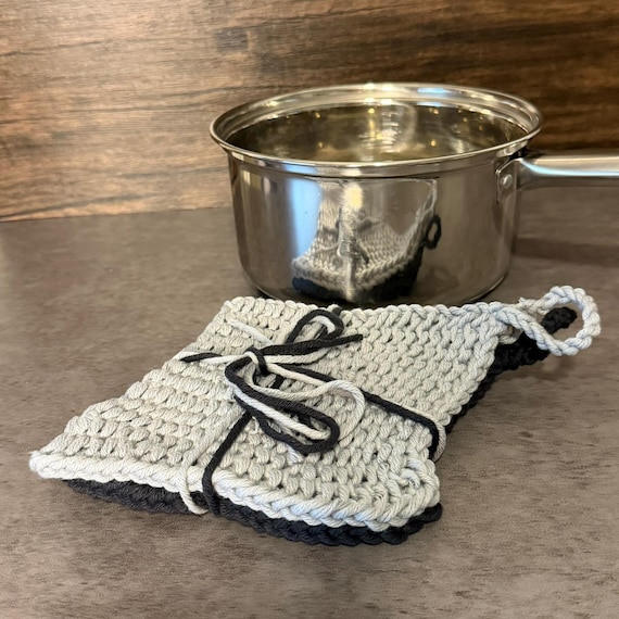 Handmade Loom Knitted Cotton Pot Holders – Black Gray Film Noir Kitchen Decor