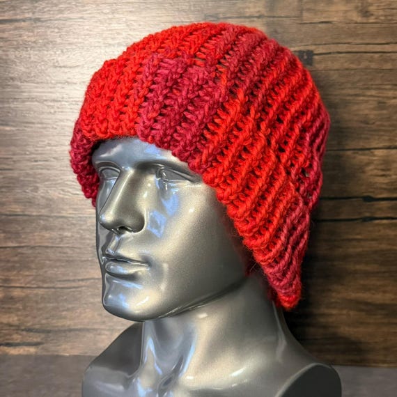 Hand Knit Baby Alpaca Beanie | Crimson Burgundy Winter Hat, Ember Glow