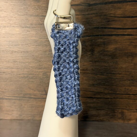 Handmade Knit Key Fob Blue Wristlet Coastal Harbor Acrylic Keychain Everyday Gift Unique Artisan