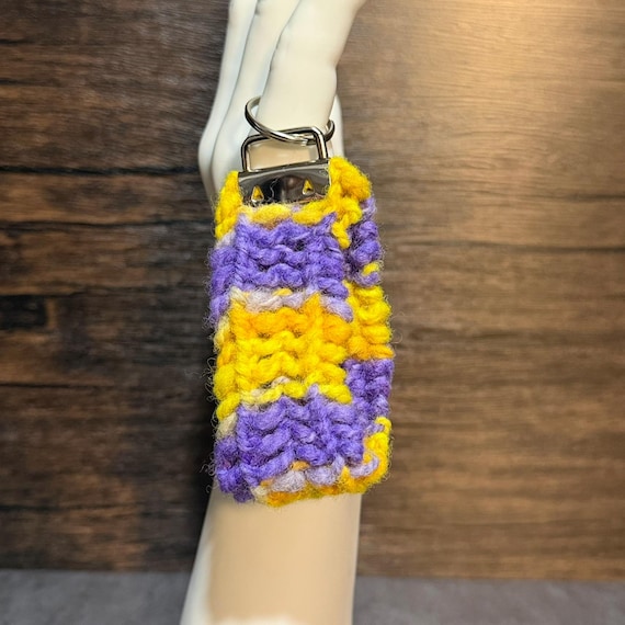 Handmade Knit Key Fob, Purple Yellow Keychain, Colorful Wool Accessory, Retro Bubblegum Swirl Gift