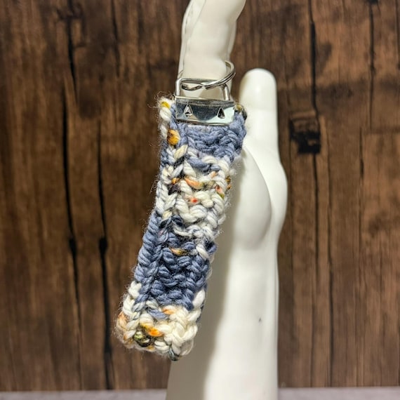 Blue Ridge Bonfire Knit Key Fob, Handmade Yarn Wristlet Keychain, Blue Cream Fiber Accessory