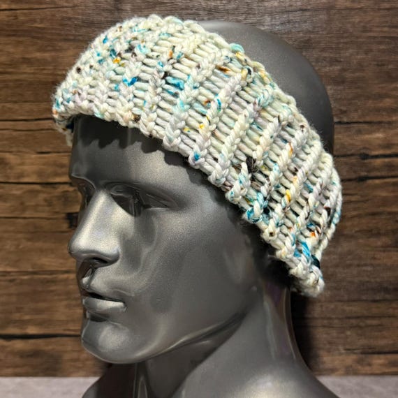 Hand Knit Merino Wool Head Wrap, Paint Party Speckled Ivory Teal Colorful Cozy Hairband