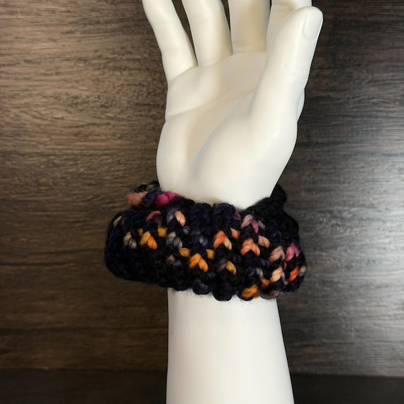 Midnight Rainbow Knit Scrunchie Colorful Handmade Hair Accessory Cozy Pride Inspired Gift
