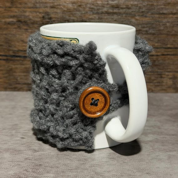Hand Knit Charcoal Gray Mug Wrap, Soft Wool Blend Coffee Cozy, Handmade Kitchen Gift