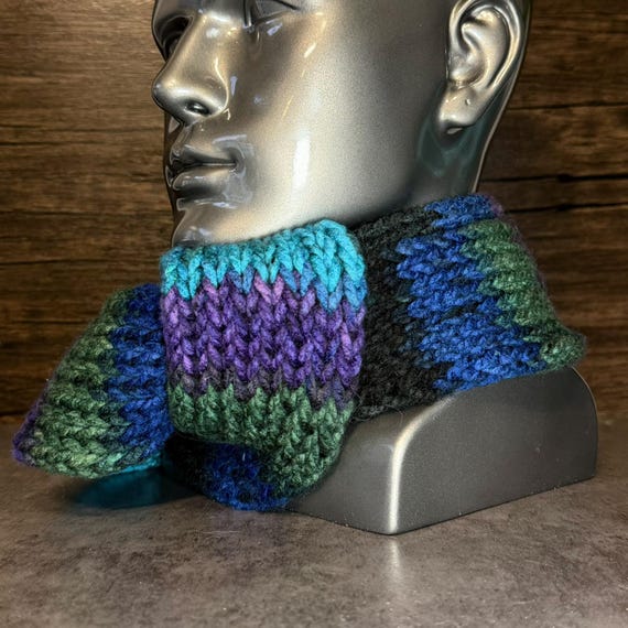Multi Blue Hand Knit Scarf Acrylic Winter Wrap Cozy Chunky Statement Accessory