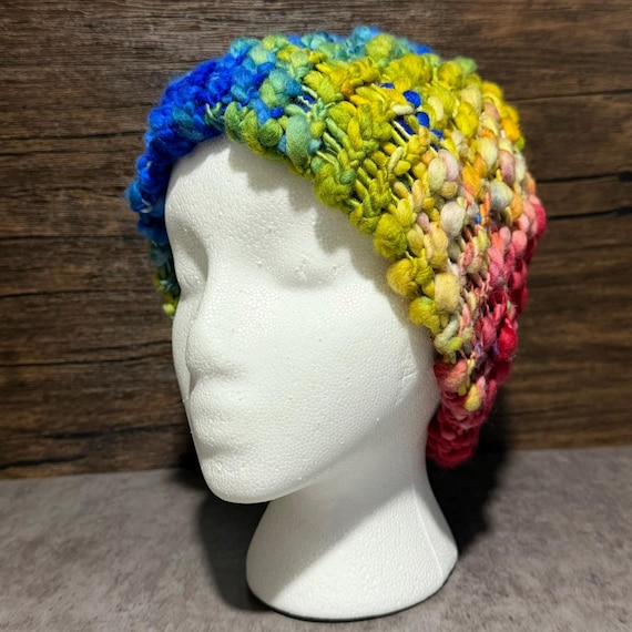Rainbow Riot Kids Hat, Chunky 100% Wool Beanie, Handmade Colorful Warm Winter Children's Gift