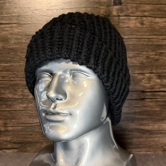 Black Hand Knit Beanie, Acrylic Winter Hat, Cozy Chunky Neutral Warm Accessory