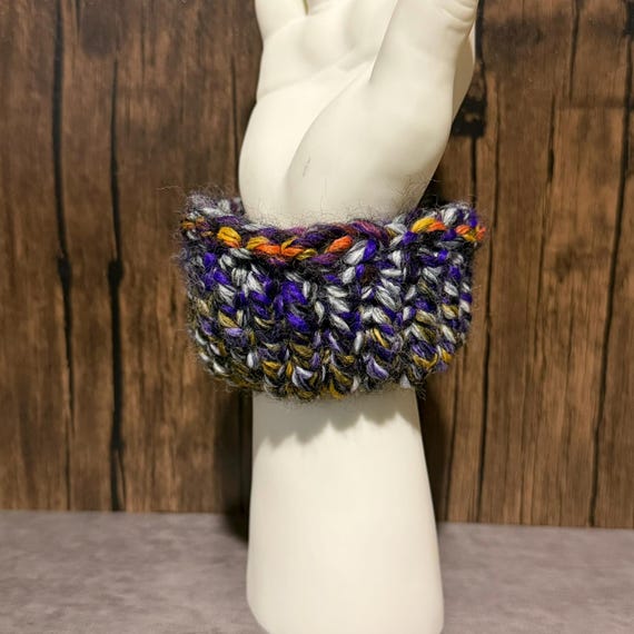 Handmade Halloween Knit Scrunchie, Purple Orange Black Hair Accessory, Spooky Autumn Gift, Colorful Wool