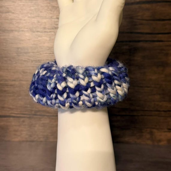 Midnight Harbor Knit Scrunchie Handmade Blue White Hair Tie Cozy Soft Gift Accessory Winter