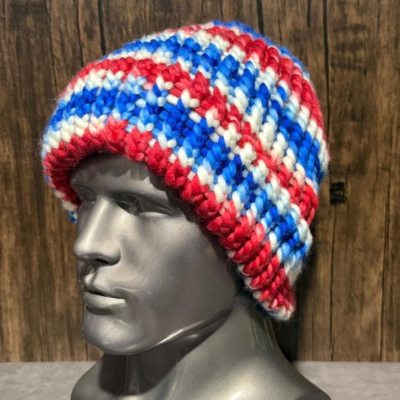 Handmade Knit Hat, Superwash Merino Wool Beanie, Red Blue White Winter Accessory, Game Day