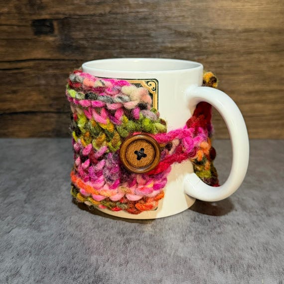 Neon Clown Redux Wool Mug Wrap, Hand Knitted Coffee Cozy, Colorful Cup Accessory