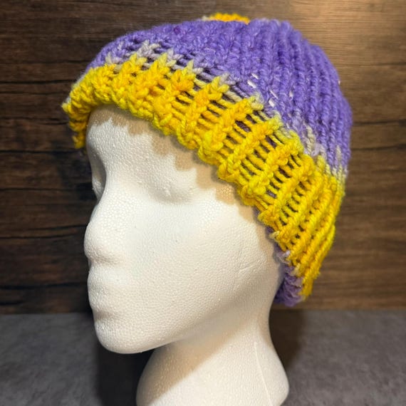 Kids Knit Hat, Purple Yellow Beanie, Handmade Finn Cross Wool, Retro Bubblegum Swirl Accessory