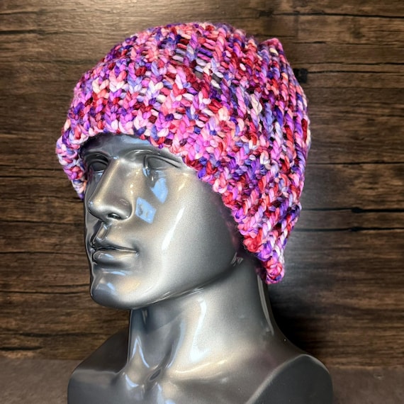 Purple Pink Crimson Handmade Beanie Bold Cozy Loom Knit Winter Fashion Accessory
