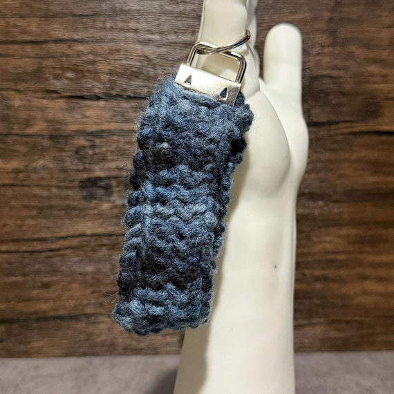 Hand Dyed Finn Wool Key Fob, Charcoal Gray Wristlet, Locomotive Smoke Handmade Keychain Gift