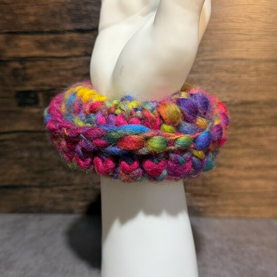 Hand Spun, Technicolor Tangle Scrunchie, Colorful Handmade Hair Accessory, One of a Kind Rainbow Statement